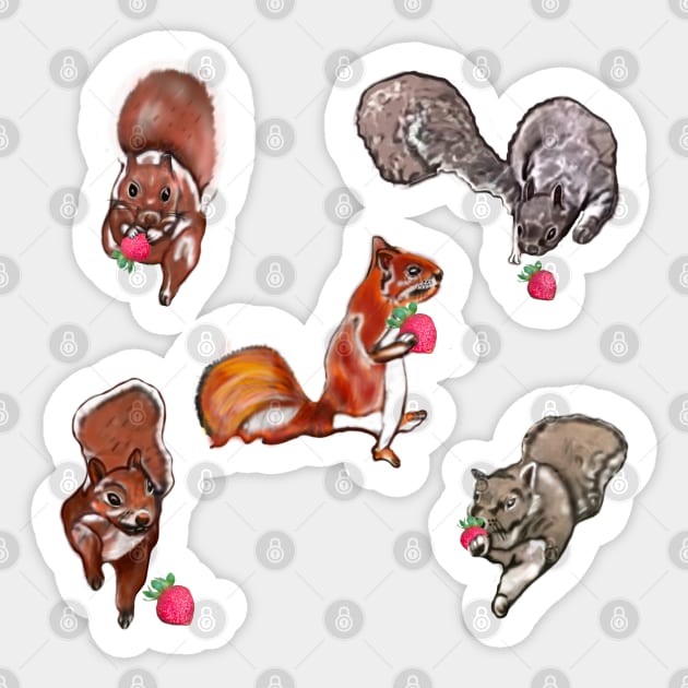 Cute fluffy furry squirrels with strawberries - light pattern Sticker by Artonmytee